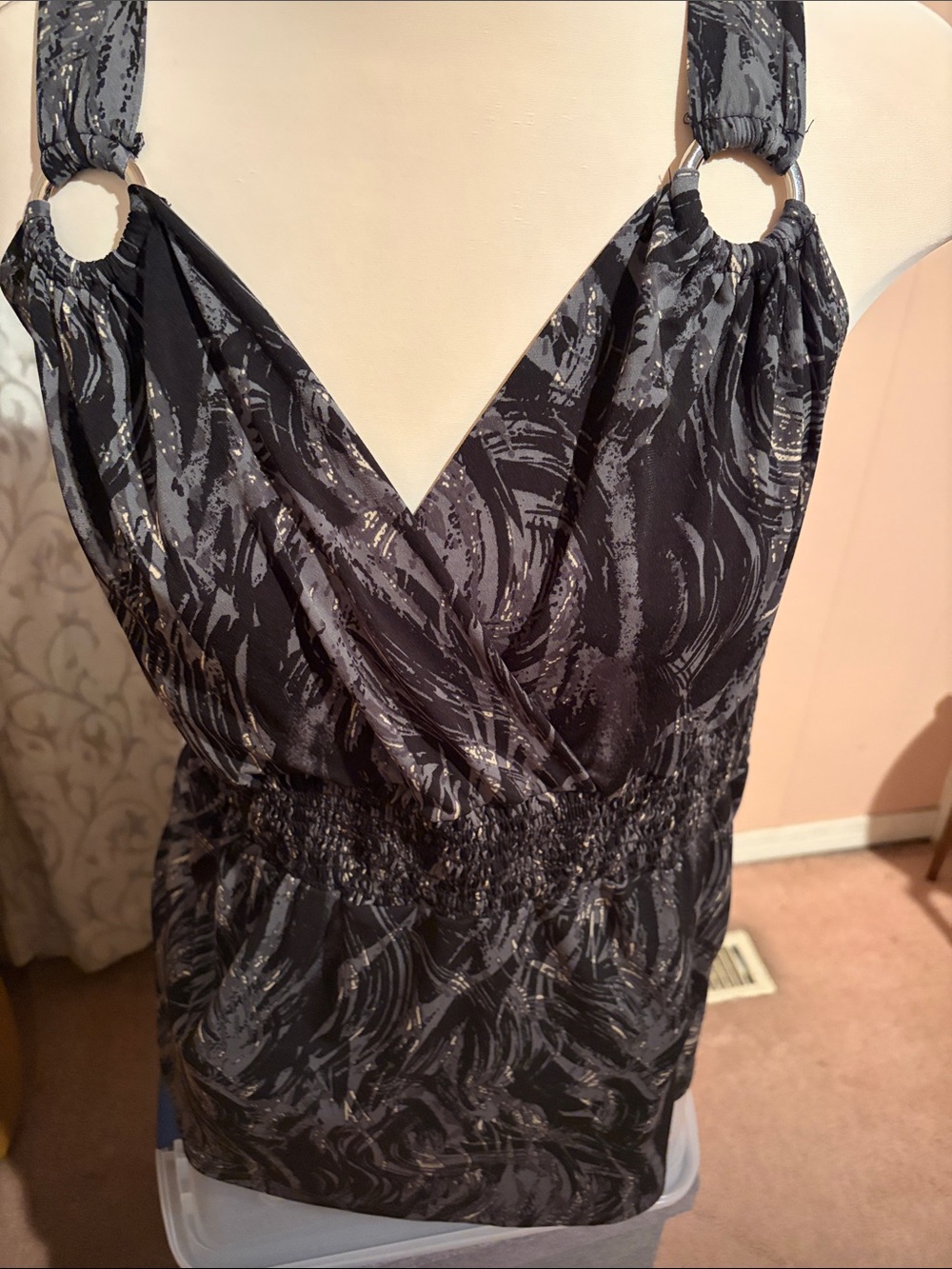 Reitmans Encore , Black & Gray Ring-Shoulder V-Neck Tank Top